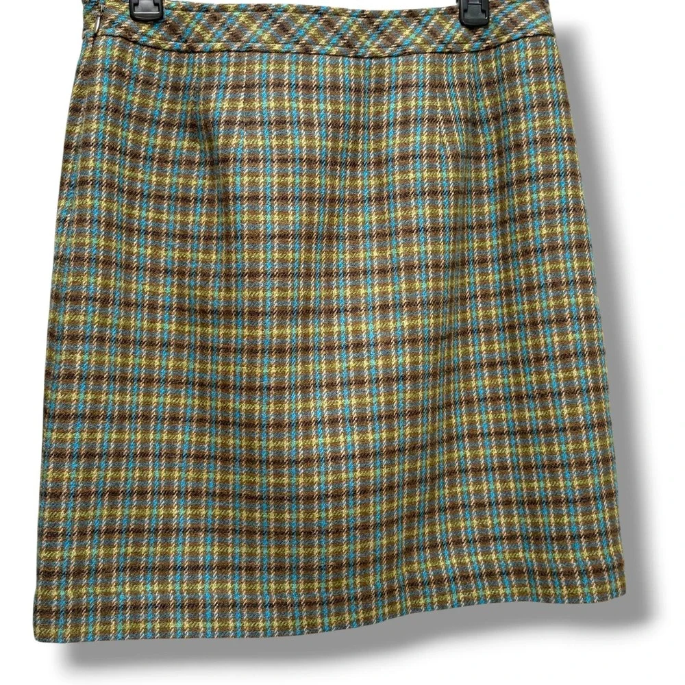 Talbots Womens Brown Blue Plaid Wool Blend Fringe Faux Wrap Skirt Size 8
